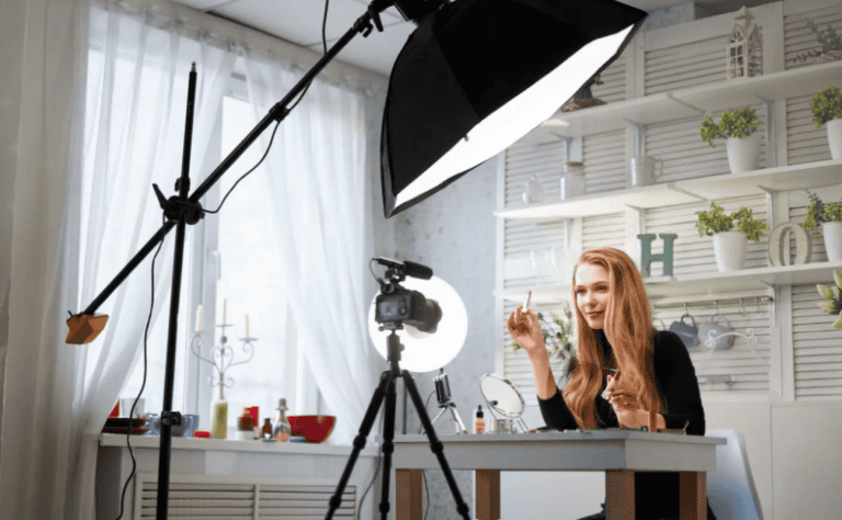 YouTuber shooting a video in a home studio