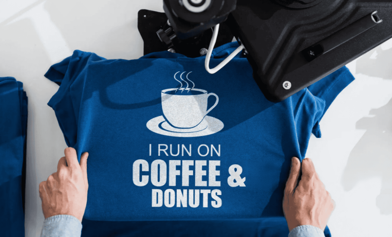 Blue t-shirt on a heat press