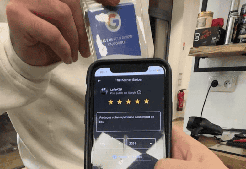 Employee using a Google Review Card to get a rating