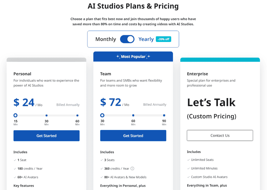 Deepbrain AI Pricing Plans