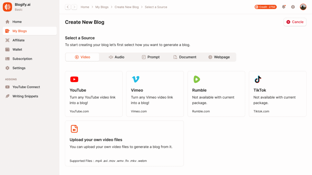 Blogify AI Review's content sources displayed on the dashboard