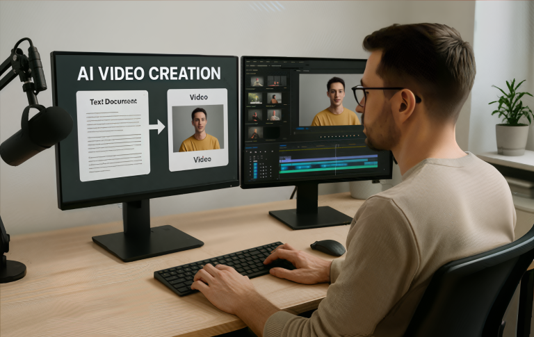Man creating an AI video from text